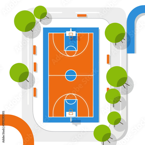 Aerial View of Outdoor Basketball Court with Trees and Track