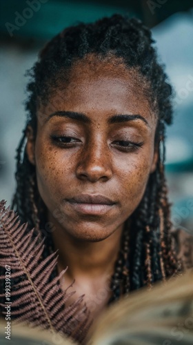 A cinematic close-up photograph of a woman with vibrant, dark skin and a look of profound serenity, carefully pressing a dried fern into a heavy, old book, bathed in the steely blue-grey light of a...