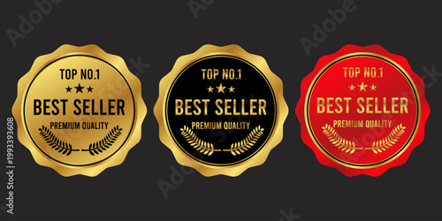 Top No1 Best Seller Badge Seal Set Premium Quality Gold Red Award Label Vector Illustration