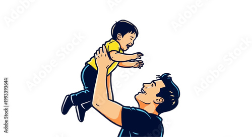 Vector illustration of a happy father playfully holding his cheerful son in the air
