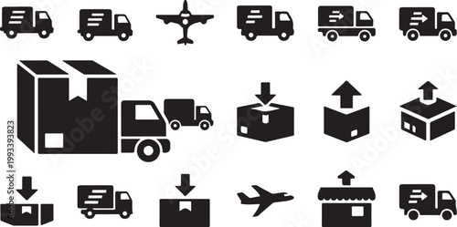 Logistics and shipping icons in black and white