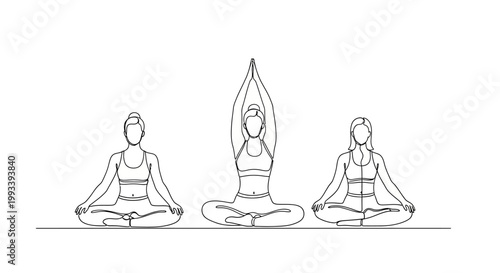 Three women meditating in lotus pose, yoga, wellness, mindfulness, healthy lifestyle
