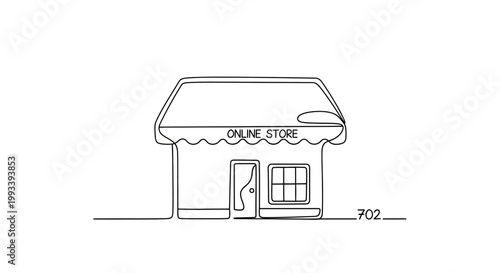 Continuous line drawing of an online store building with 'ONLINE STORE' text on awning.