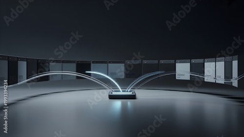 Futuristic retail hub with autonomous vehicle and robotic delivery node symbolizing autonomous commerce flow and automated transaction orchestration.