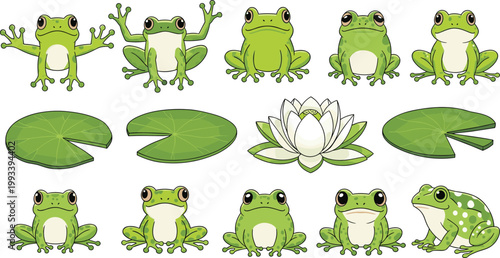 Quadro em tela Cute Frog Cartoon Set Featuring Green Frogs in Different Poses with Lily Pads and Water Lily for Nature Illustration Design