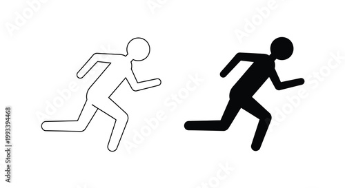 Two simple monochrome icons depict a person running one outlined and one solid black high quality professional detailed