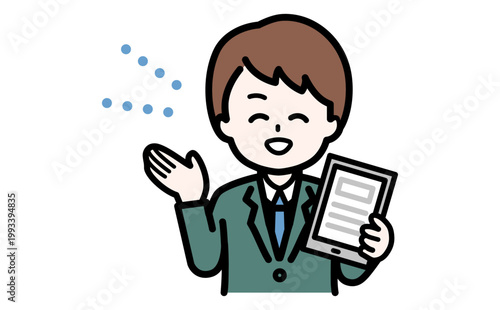 オンライン手続きを案内する笑顔の男性とタブレット操作イラスト