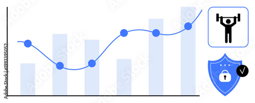 Data analytics. Data analytics growth with a line chart and bar graph, accompanied by security and fitness symbols. Data analytics in health, security, business, sports, and technology