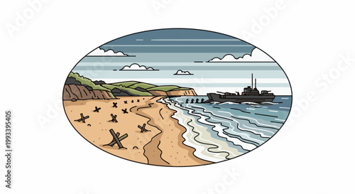 Pixel art scene of a beach landing with military obstacles and a warship