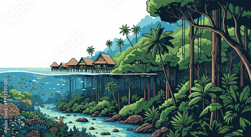 Pixel art scene of overwater bungalows adjacent to a dense tropical rainforest and a vibrant coral reef