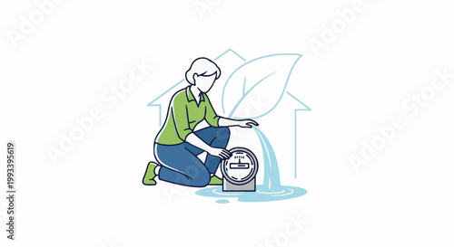 Person interacting with a water meter under a stylized house outline with a leaf