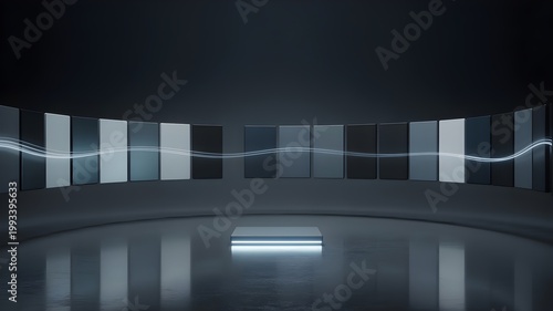 Futuristic empty showroom with curved glass wall, reflective floor and central illuminated panel representing autonomous commerce concept and automated transaction environment.