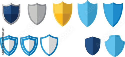 Set of colorful shield icons for security protection safety insurance privacy data defense and web design.