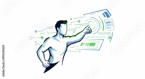 Person interacting with futuristic digital interface, conceptual art