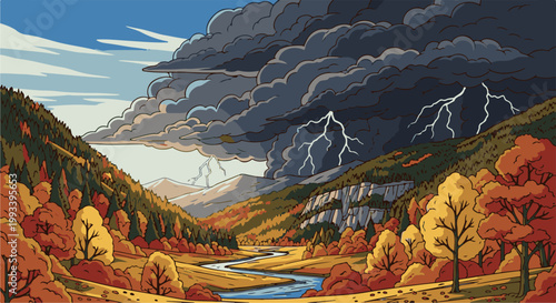 Pixel art valley with autumn trees, river, and lightning storm