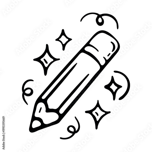 Magic pencil icon for AI creative writing and smart design tools. Hand drawn doodle illustration of a sparkling lead pen with decorative shine stars.