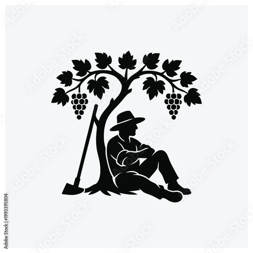 Silhouette of farmer picking grapes under a vine