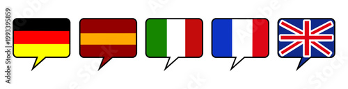 Banner European flags in speech bubbles form. Button icon flag set. Language translate concept. United Kingdom, France, Germany, Italy, Spain vector graphic design style.