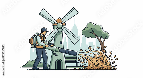 Person uses a leaf blower near a windmill and tree, with city skyline background