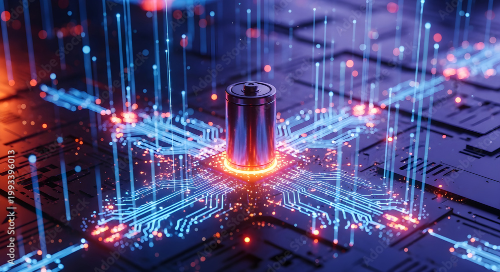 Fototapeta premium Futuristic battery cell integrated with glowing digital circuit board and data transmission