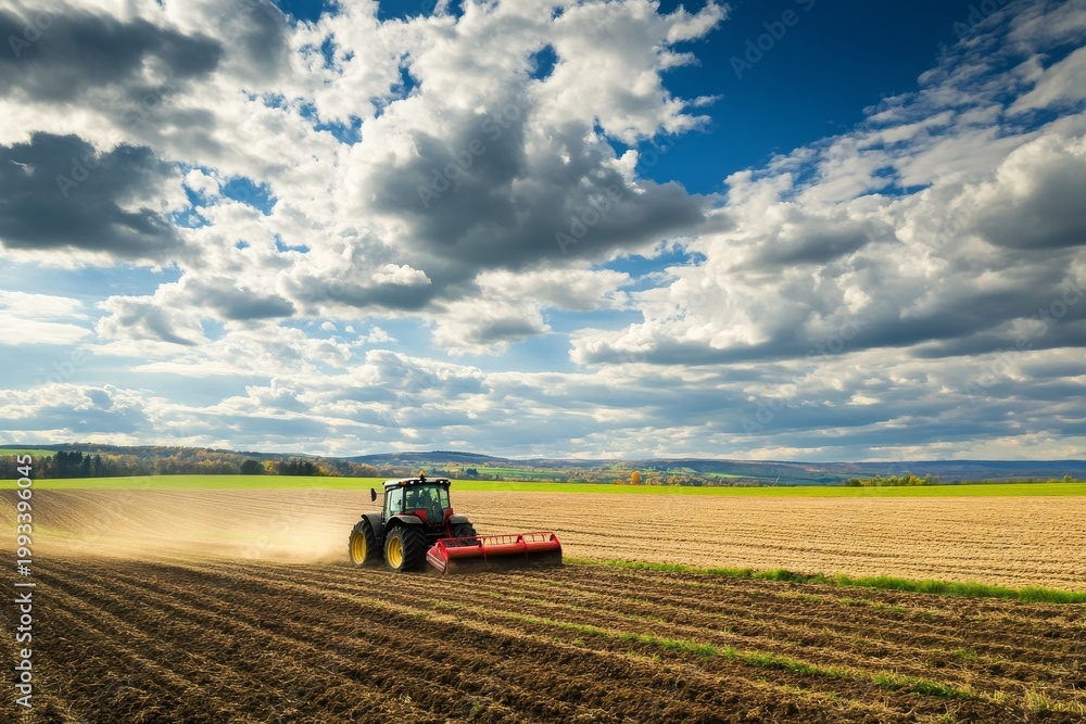 Fototapeta premium Tractor working on a large field during daytime under a cloudy sky