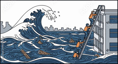 People climb a ladder to escape a giant wave crashing onto a flooded city