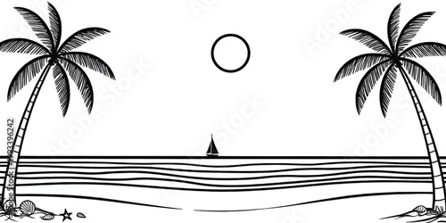 Tropical Beach Sunset Line Art