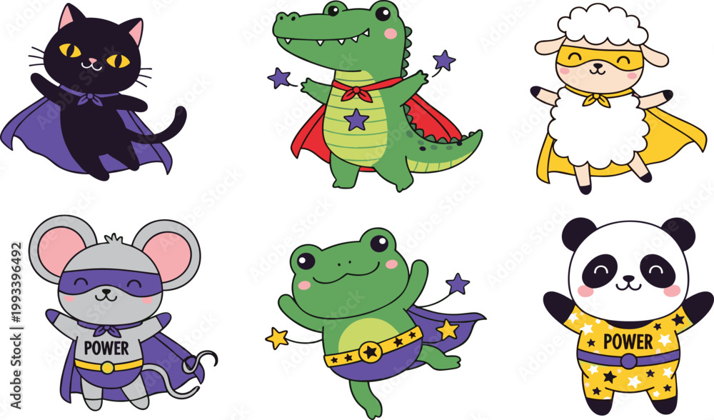 Fototapeta premium Cute Superhero Animal Cartoon Set Featuring Cat Crocodile Sheep Mouse Frog and Panda Characters in Costume for Kids Illustration Design.