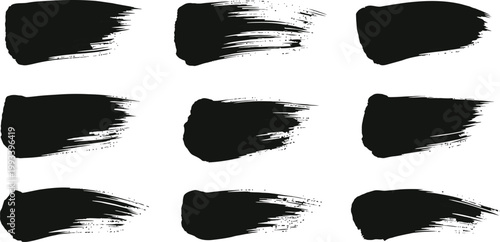 Black Ink Paint Brush Stroke Set with Dry Texture, Abstract Hand-Drawn Swish and Smear Vector Elements, Minimalist Artistic Shapes for Japanese Calligraphy Style and Modern Graphic Design Branding

