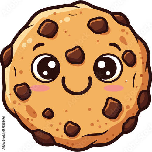 A smiling chocolate chip cookie with eyes and rosy cheeks appears happy.