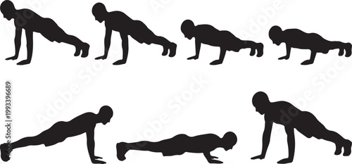 Silhouettes of people performing push-ups in sequence with black and white exercise training strength