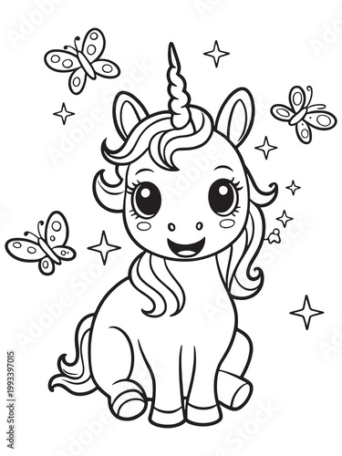 Cute Unicorn Coloring Page with Butterflies, Kids Cartoon Outline Art