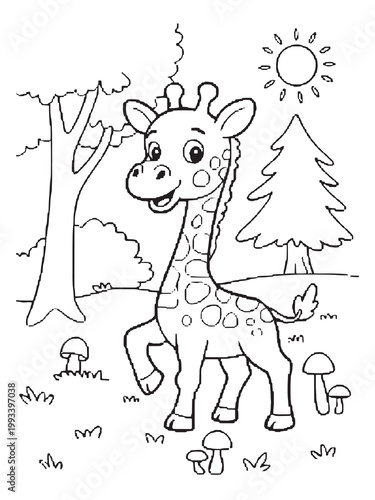Cute Cartoon Giraffe Coloring Page Vector for Kids Education and Fun Artwork