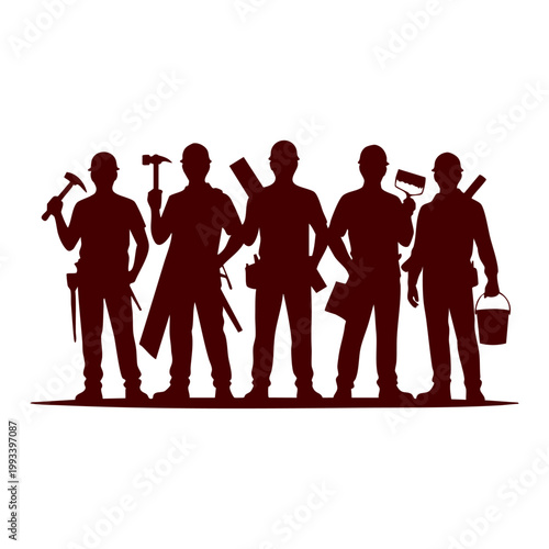 Group of construction workers silhouette with tools for labor day, Team of professional builders and manual laborers silhouette, Industrial construction crew standing together for labor day banner, Si