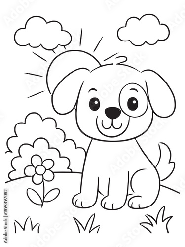 Cute Dog Puppy in Garden Coloring Page, Kids Activity Vector Illustration