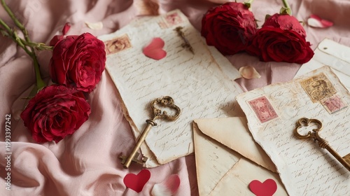 Romantic scene of roses, vintage letters, keys, and hearts on silky fabric, evoking love and nostalgia