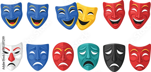 Comedy and Tragedy Theater Mask Vector Set Featuring Colorful Dramatic Facial Expressions For Performing Arts And Entertainment