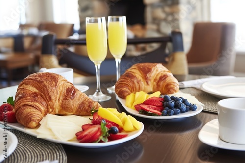Morning Brunch With Croissants, Fruit, and Drinks at a Restaurant in a Cozy S...
