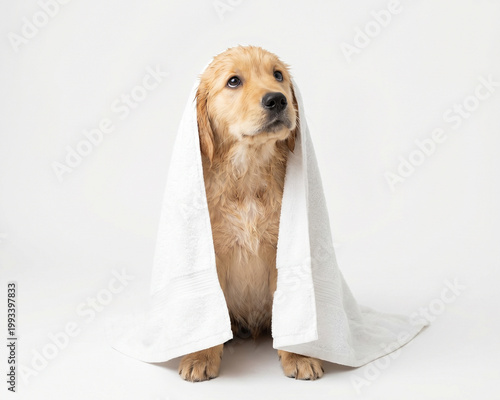 Puppy with towel on white background