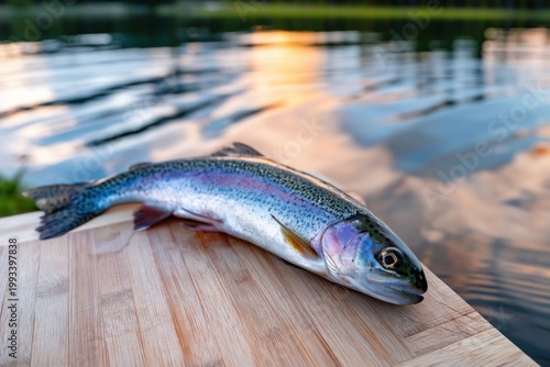 Fresh Trout Rests on Wooden Board by the Water During Sunset