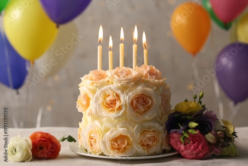 Celebration With Cake, Candles, and Balloons at a Party in a Decorated Room