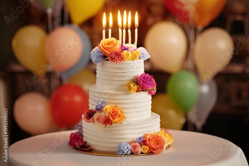 Celebration Cake With Candles and Flowers for a Special Event in a Festive Se...