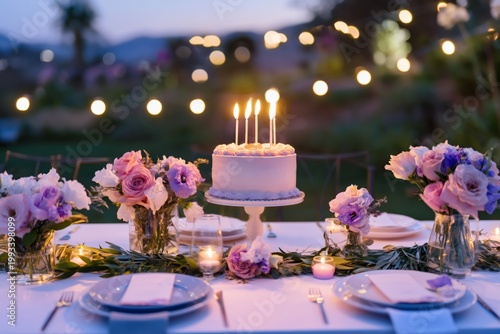 Celebration at Sunset With a Cake and Flowers on a Table Outdoors
