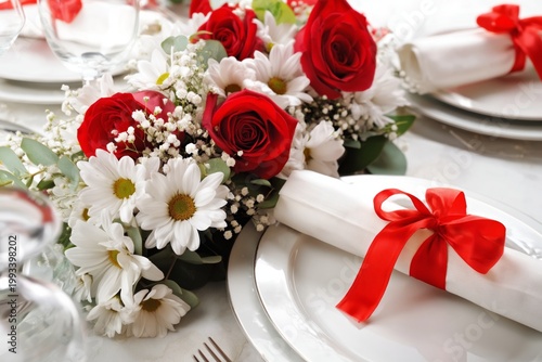 Elegant Dinner Setting With Red Roses and Decorative Scrolls on the Table Rea...