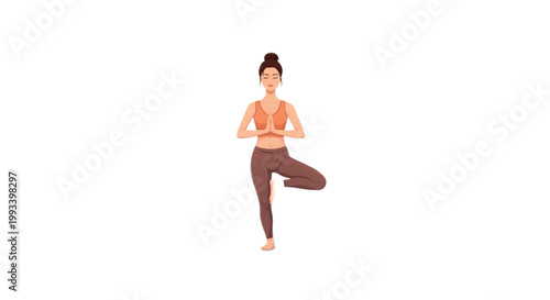 Yoga, woman in tree pose, fitness illustration, vector, brown leggings