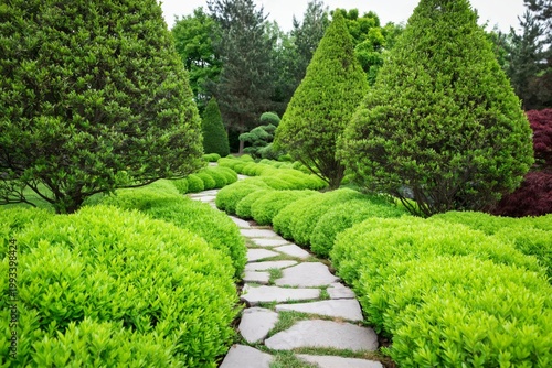Pathway Through Green Bushes and Trees in a Garden at Midday