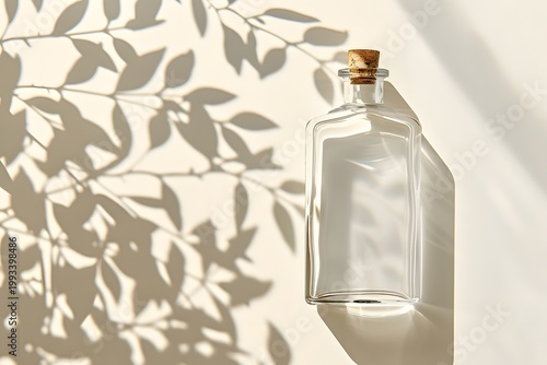 Captivating glass bottle with leaf shadows natural light photo minimalism eye-level aesthetic