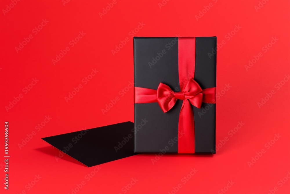 Obraz premium Gift Box With Red Ribbon and Card on a Red Background