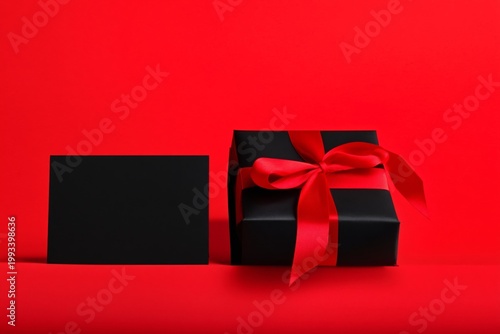 Gift Box Wrapped in Black With Red Ribbon on Red Background Ready for a Speci...