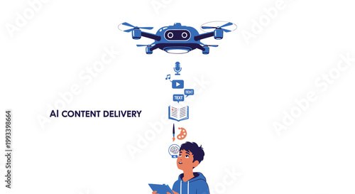 AI technology, drone delivery, digital content, futuristic workflow, automation concept
